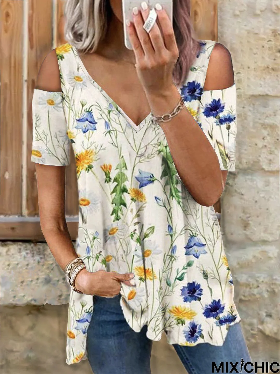 Floral V Neck Off Shoulder Cold Shoulder Cotton Blend Casual Loosen Short Sleeve Tunic T-Shirt