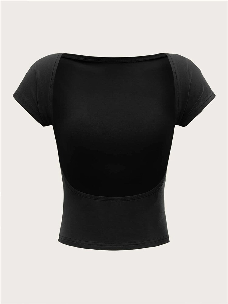 Women's O-neck Backless T-shirt Short Sleeve Solid Color Crop Top Summer Cute Baby Tee Y2K Clothes Bodycon Tunics Tank