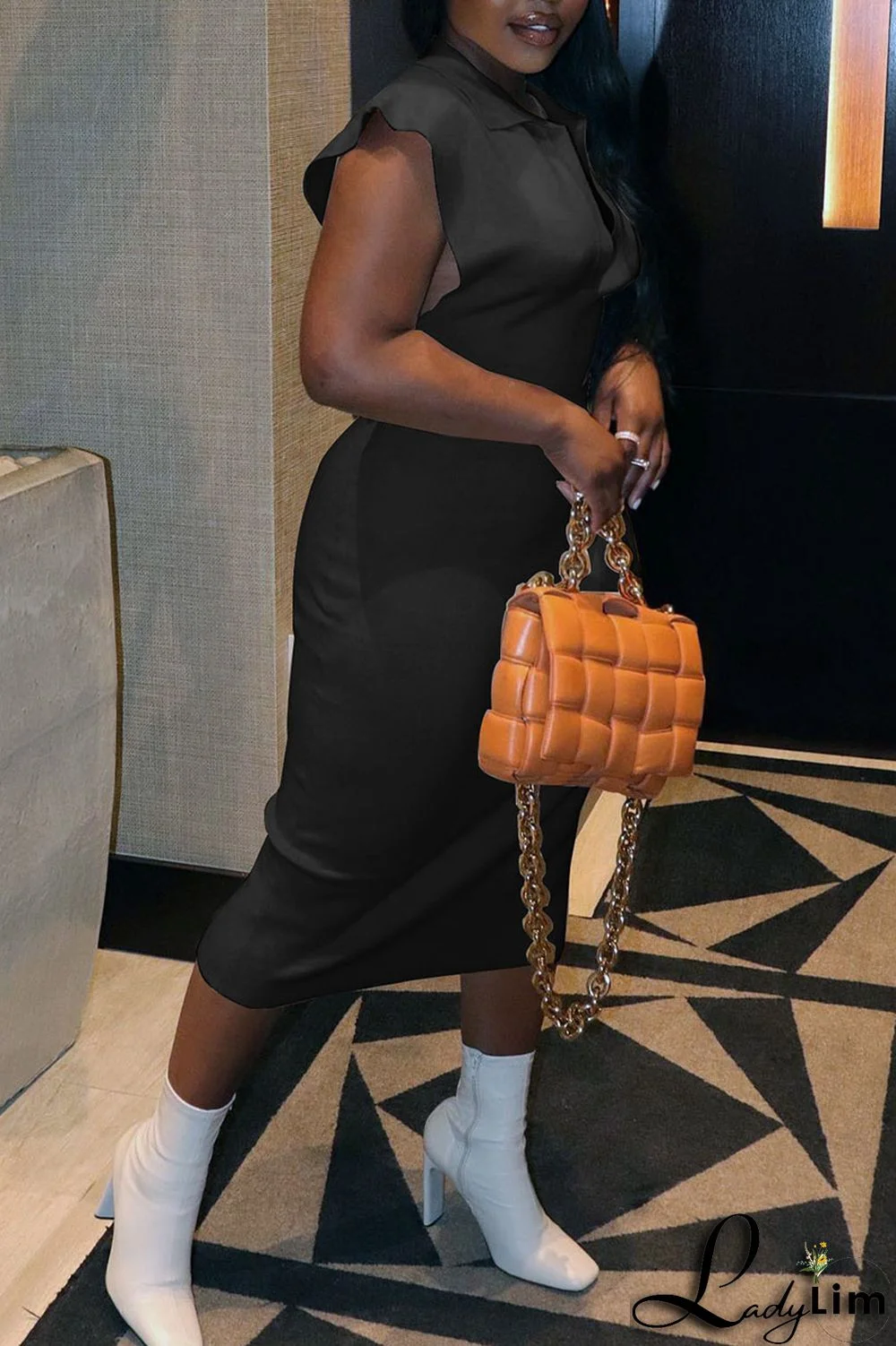 Black Casual Solid Split Joint Turndown Collar One Step Skirt Dresses