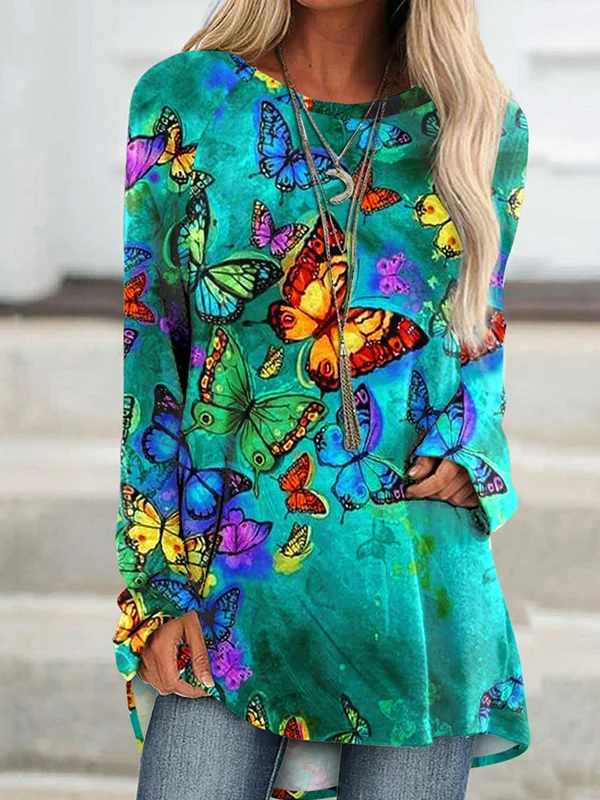 Art Colorful Butterfly Printed Long-Sleeve Tee