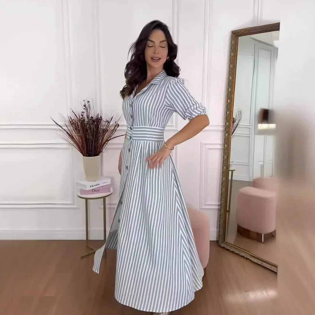 Toloer Toloer New Fashion Stripe Print Elegant Wind Temperament Shirt Dress-Outfit Ideas