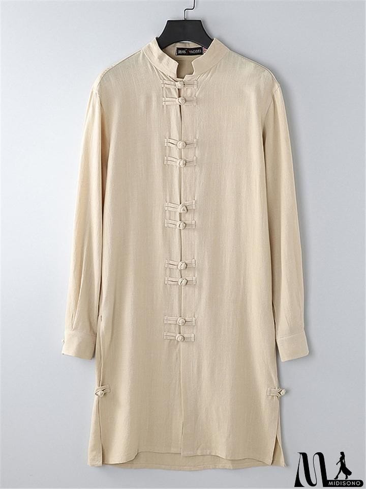 MidiSono - Mens Vintage Stand Collar Solid Color Cotton&Linen Robes