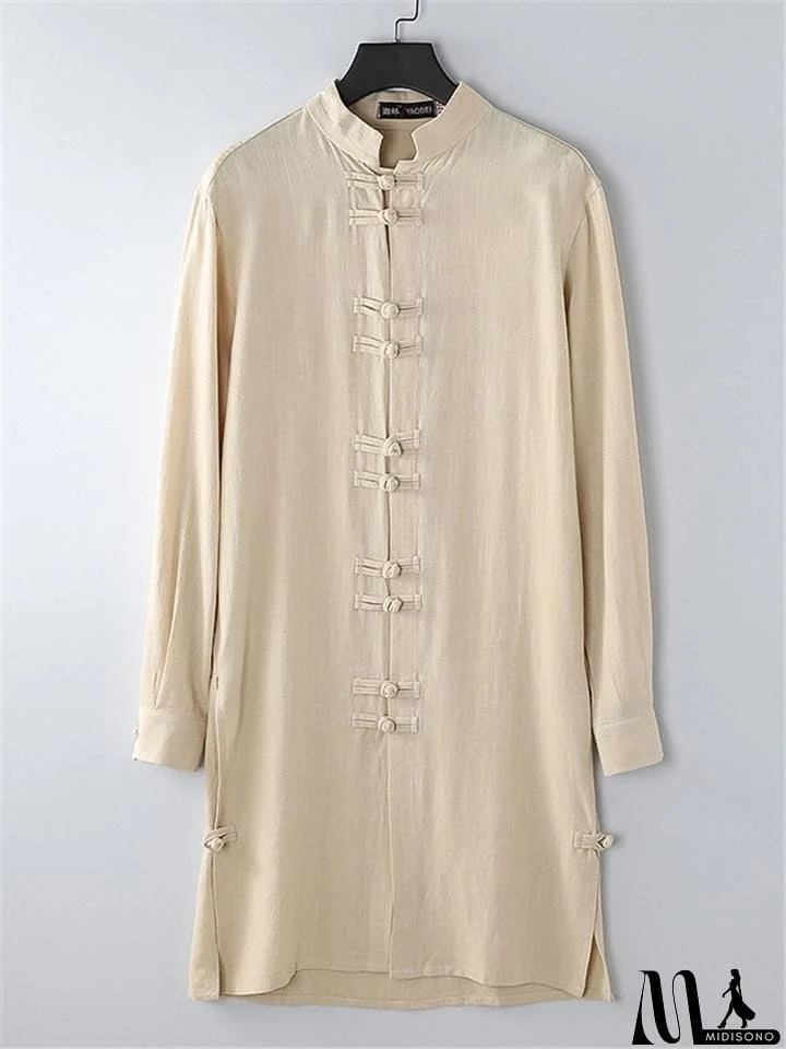 MidiSono - Mens Vintage Stand Collar Solid Color Cotton&Linen Robes