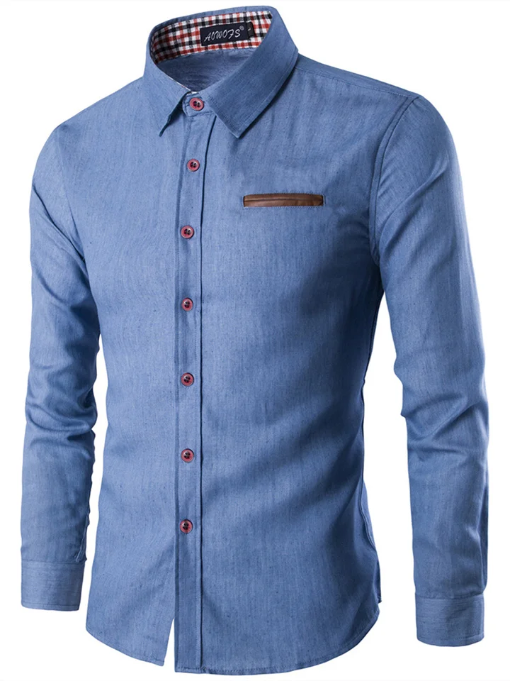 Men's Casual Shirt Pocket Patchwork Leather Cotton Slim Long Sleeve Shirt Denim Shirt Men-Cosfine