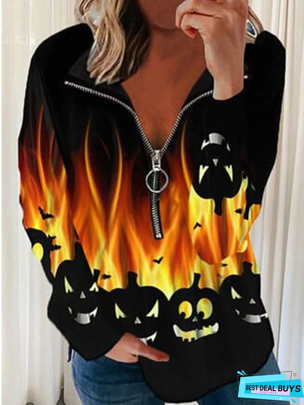 Halloween Casual Long Sleeve Printed V neck Sweatshirt