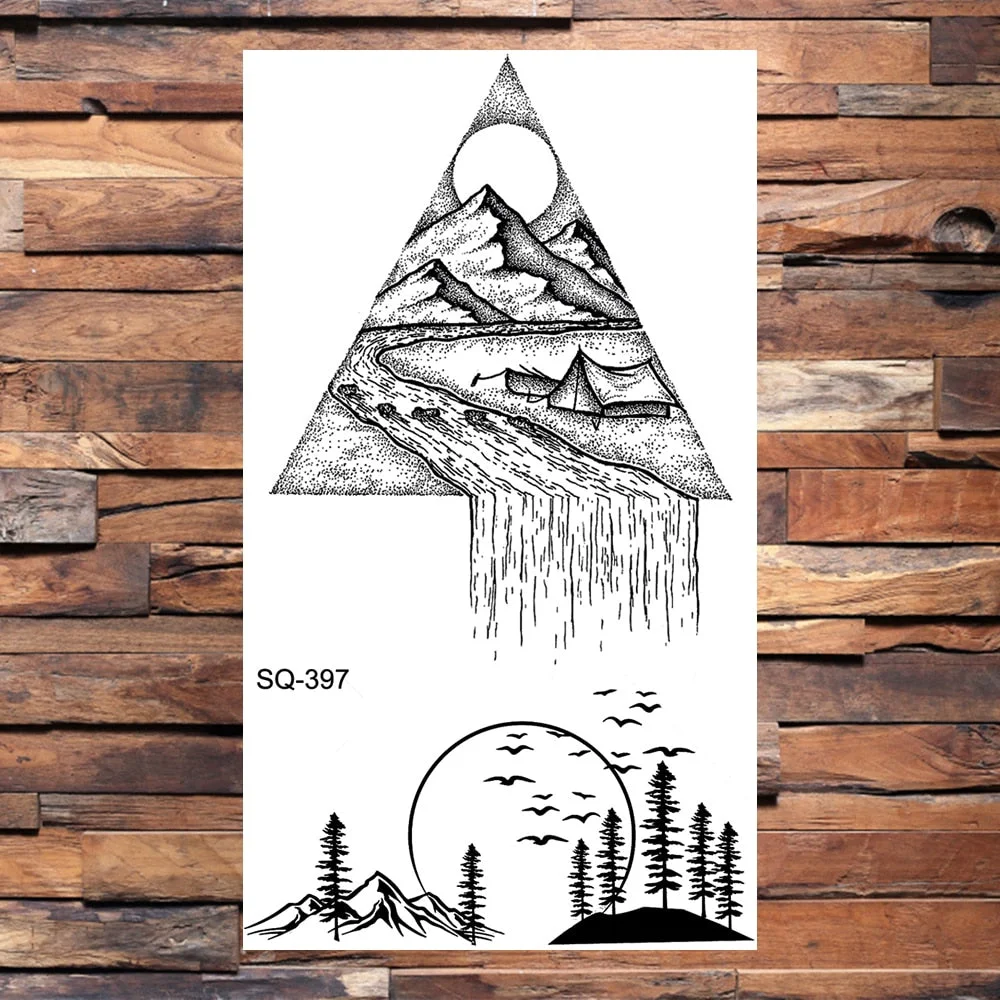 Small Forest Pine Tree Temporary Tattoos For Women Men Realistic Whale Mountain Sea Wave Fake Tattoo Sticker Arm Body Tatoos