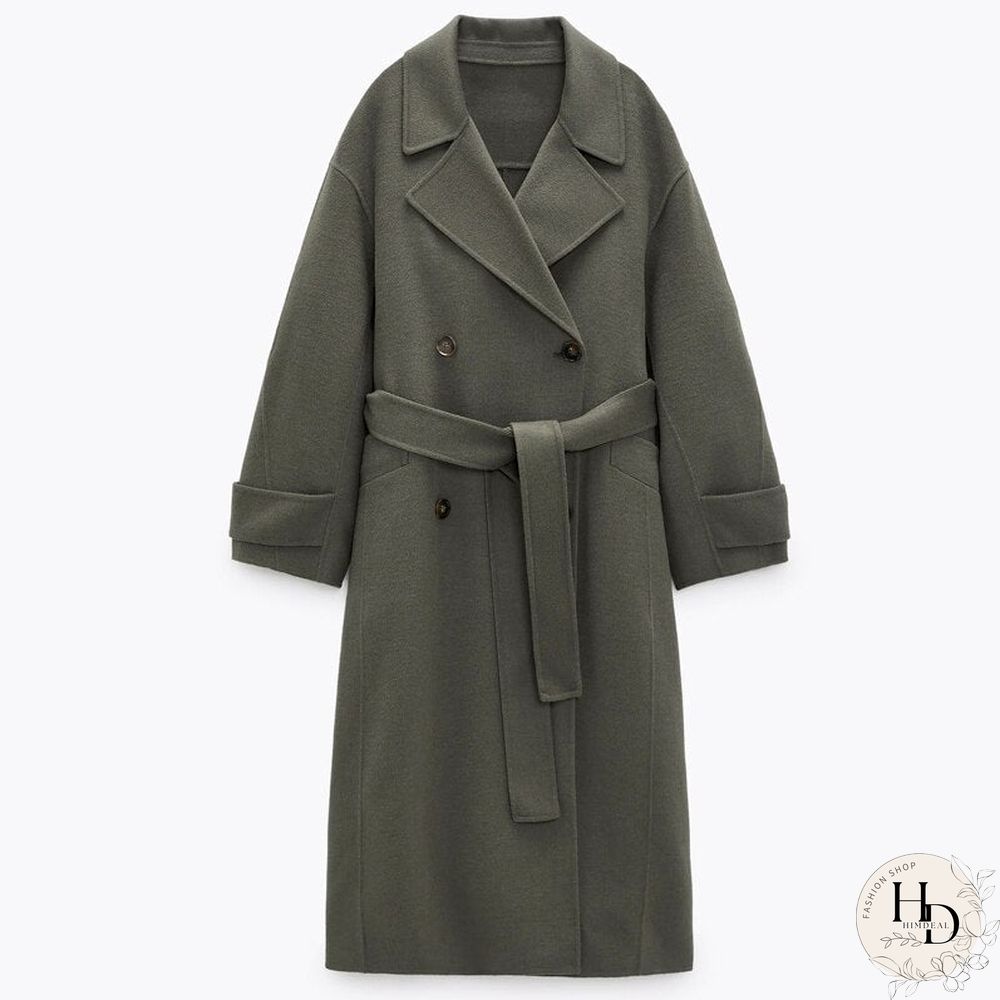Autumn Winter Womens Warm Woolen Treach Coat Vintage Olive Green Long Outwear Female