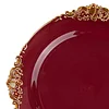 10 Pack | 8" Round Plastic Dessert Salad Plates In Vintage Burgundy, Gold Leaf Embossed Baroque Disposable Plates