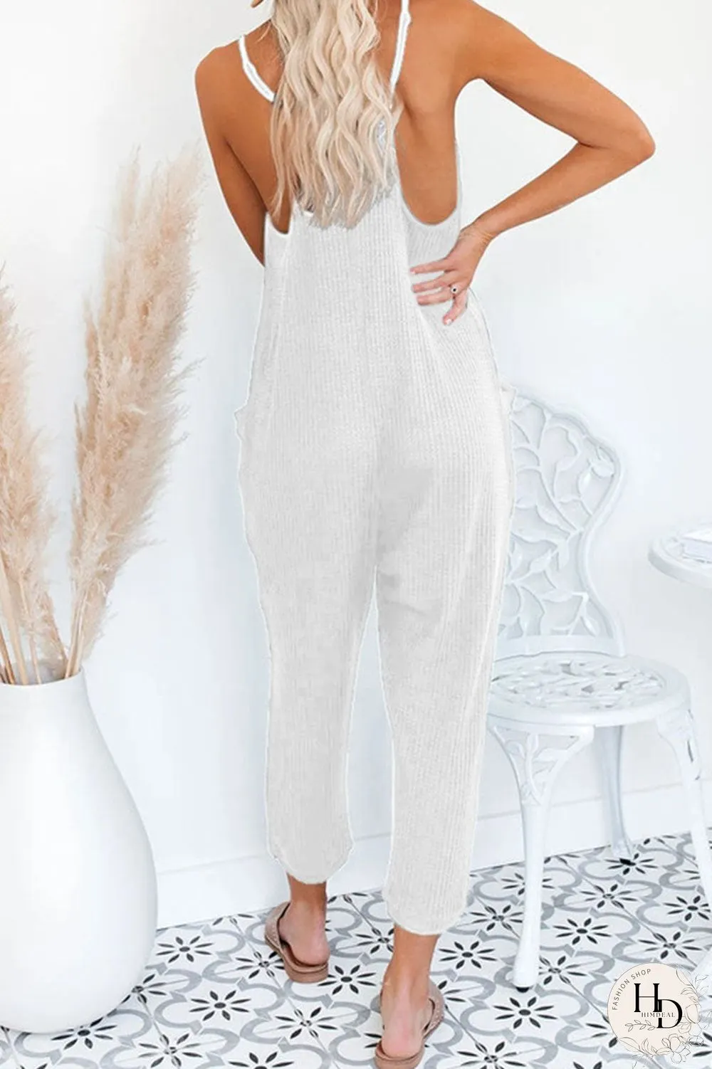 Fashion Street Solid Pocket V Neck Loose Jumpsuits(4 Colors)