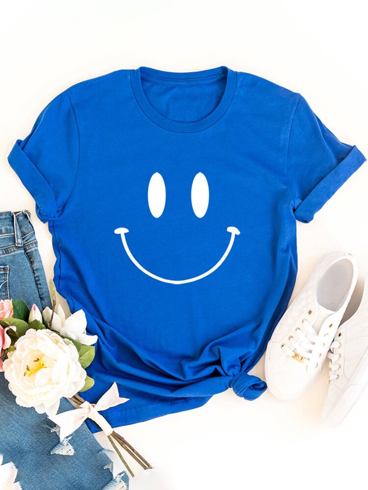 Casual Cartoon Smile Printed Short Sleeve O neck T Shirt For Women P1648936