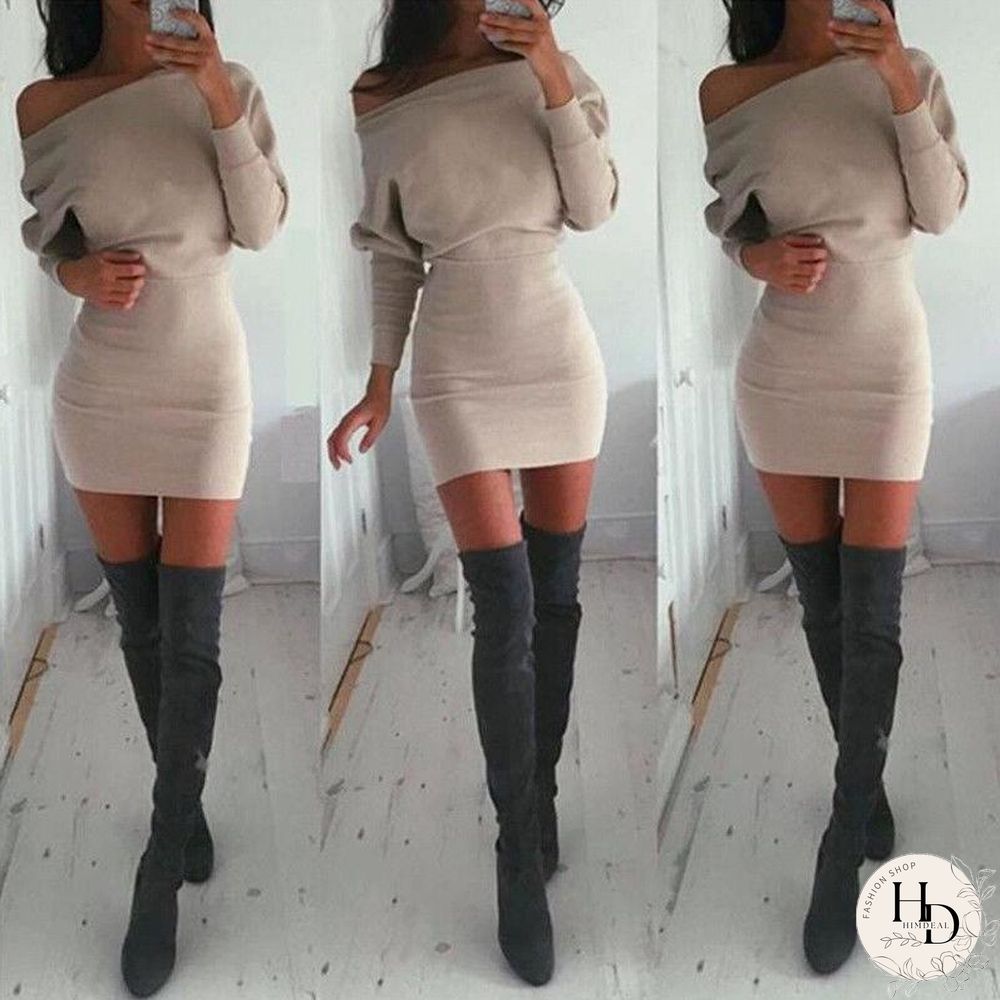 Off Shoulder Long Sleeve Cocktail Party Bodycon Casual Short Mini Cotton Dress
