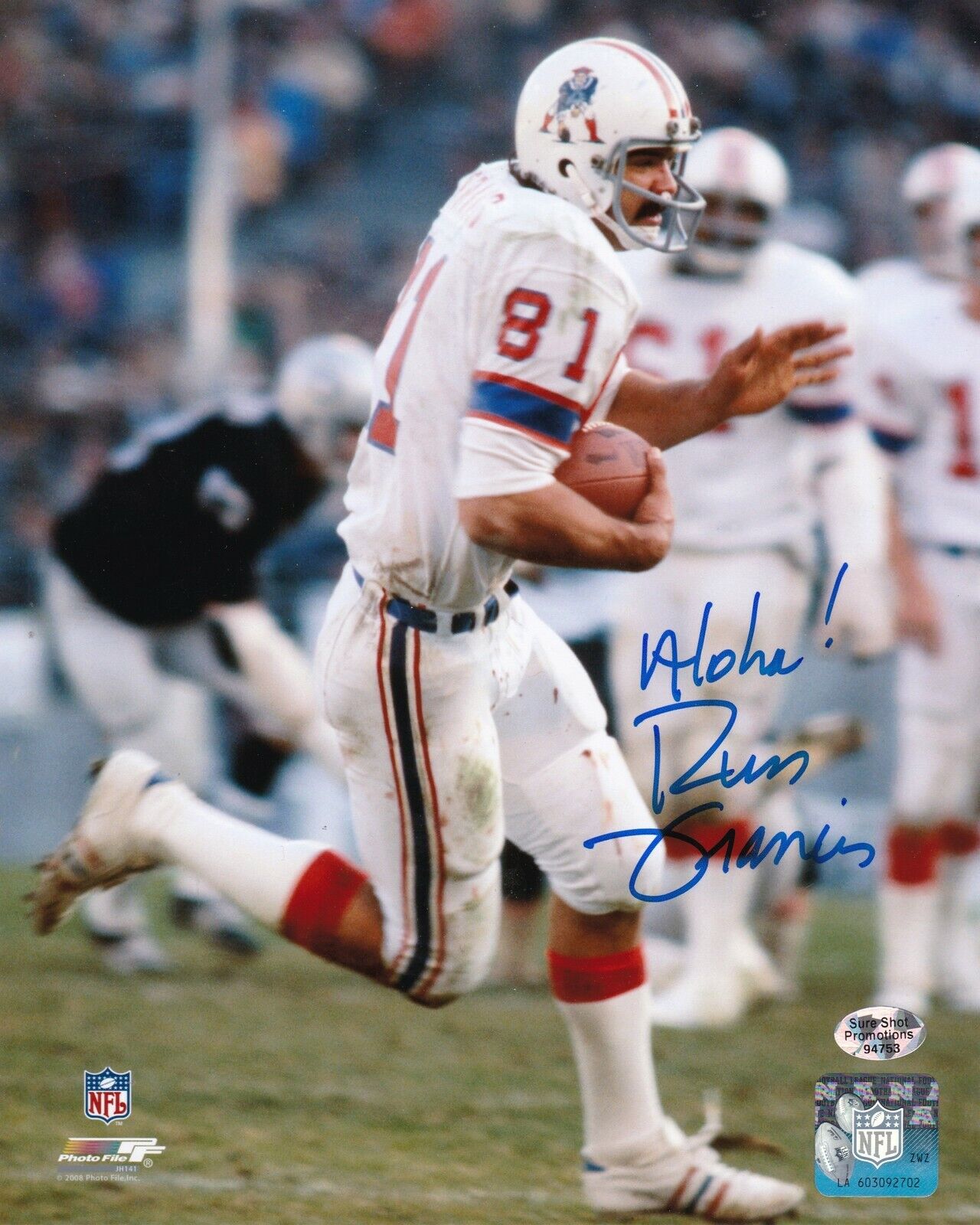 RUSS FRANCIS NEW ENGLAND PATRIOTS ACTION SIGNED 8x10