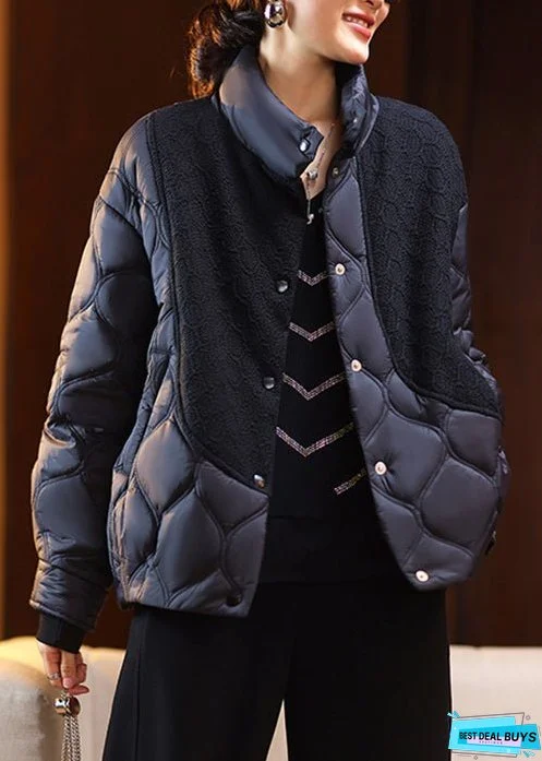 Women Black Button Pockets Cotton Filled Parka Long Sleeve