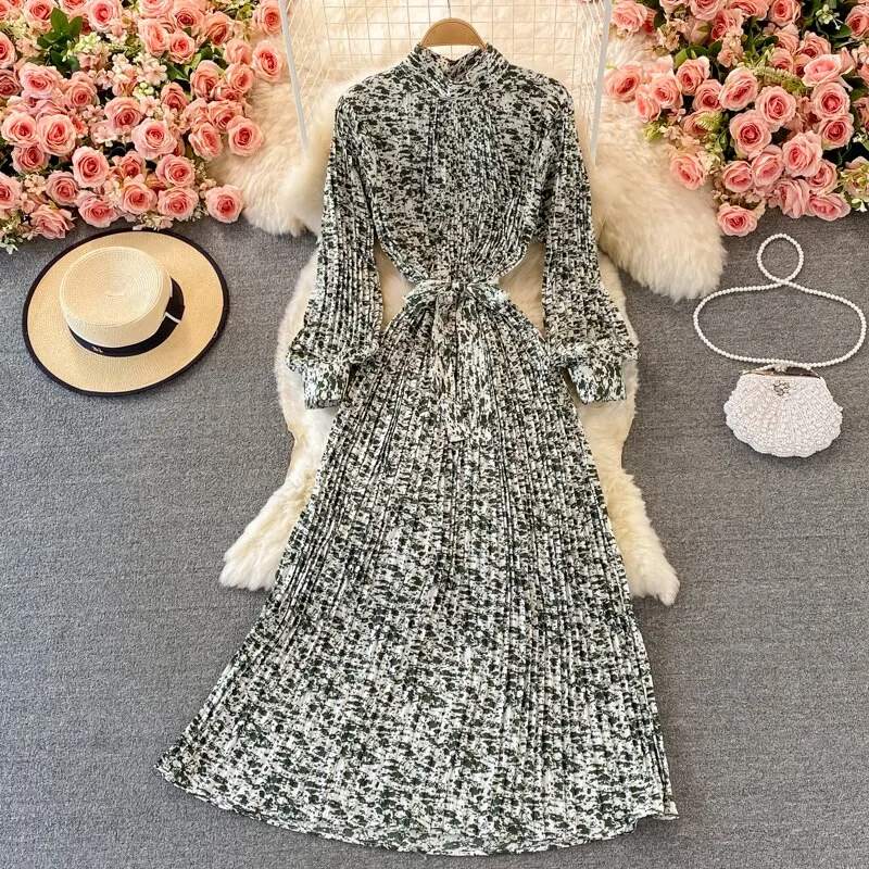 Uveng New Women French Loose Pleated Printed Long Dress Elegant Long Sleeve A-line Lady Clothes Autumn Female Maxi Dress