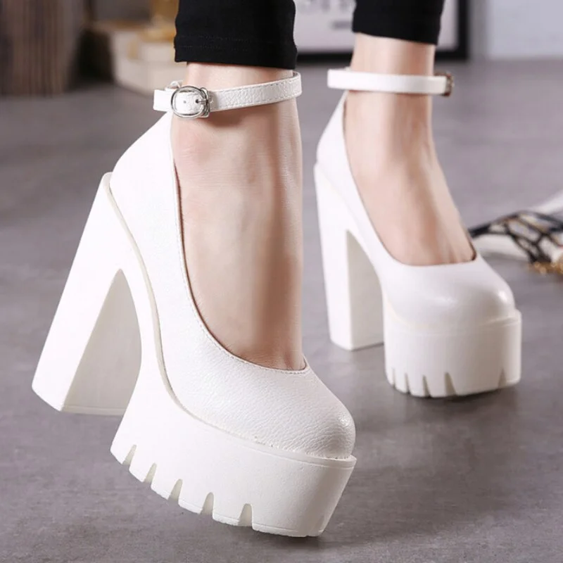 Qengg New Women's High Heels Fashion Round Toe Chunky Heel Mary Jane Shoes Platform Waterproof Buckle Casual Shoes Sapato Salto Alto