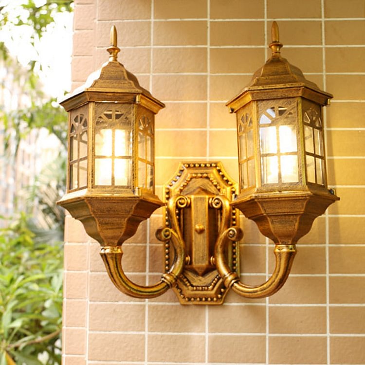 Lodges Castle Sconce Light Fixture 2 Lights Aluminum Wall Mount Lamp in Black/Brass with Double Curved Arm