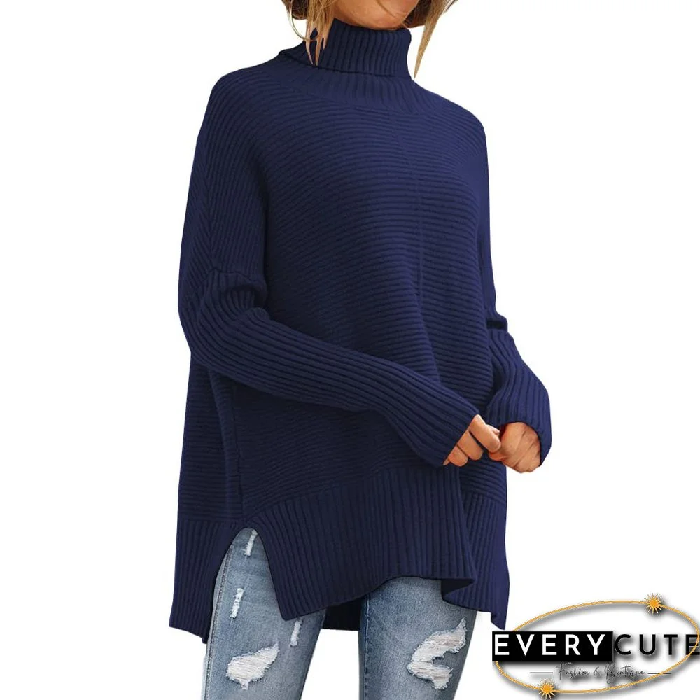 Navy Blue Turtleneck Side Split Pullover Knit Sweater