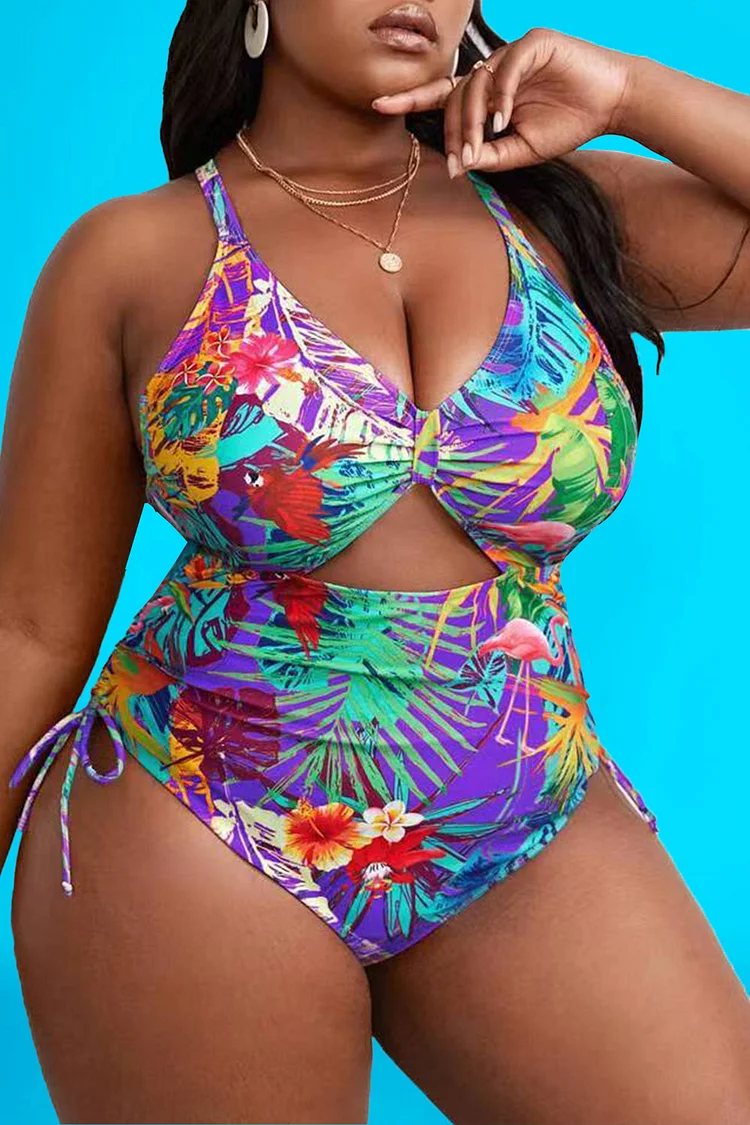 Plus Size Vacation Swimsuit Orange Tropical Spring Summer V Neck Cut Out Swimsuit