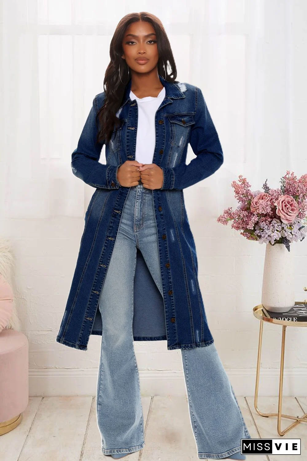 Single-breasted Ripped Long Sleeve Denim Coat