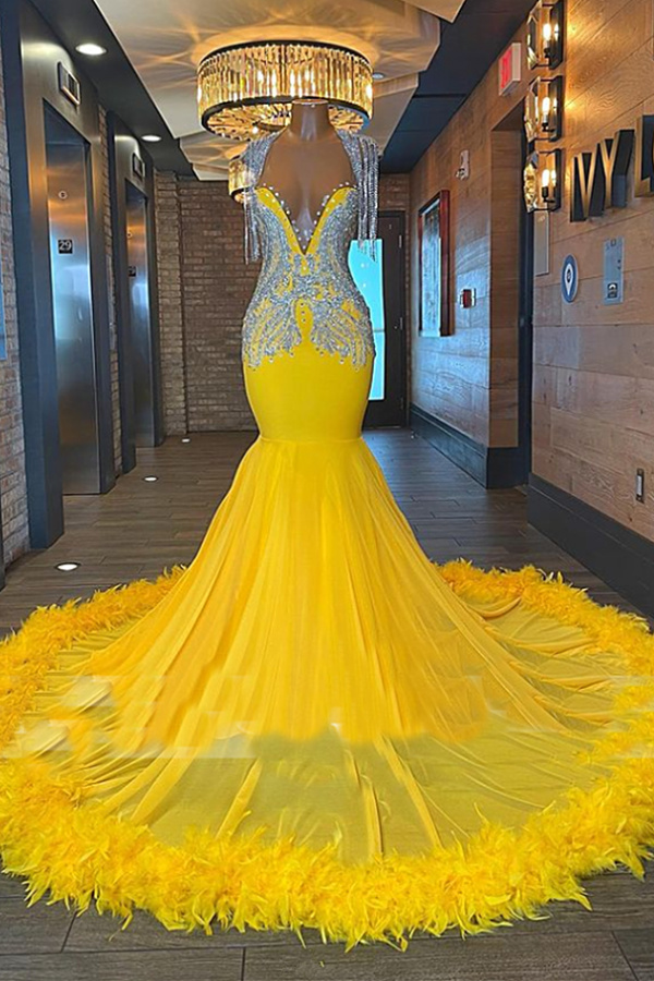Bellasprom Yellow Prom Dress Mermaid Long Tassels With Feather Bellasprom