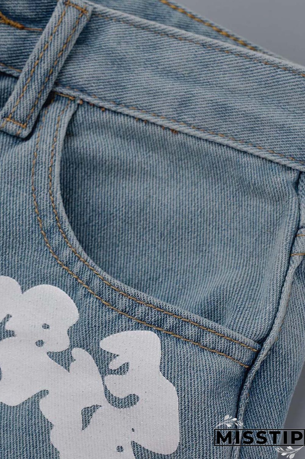 Blue Casual Print Patchwork High Waist Regular Denim Jeans