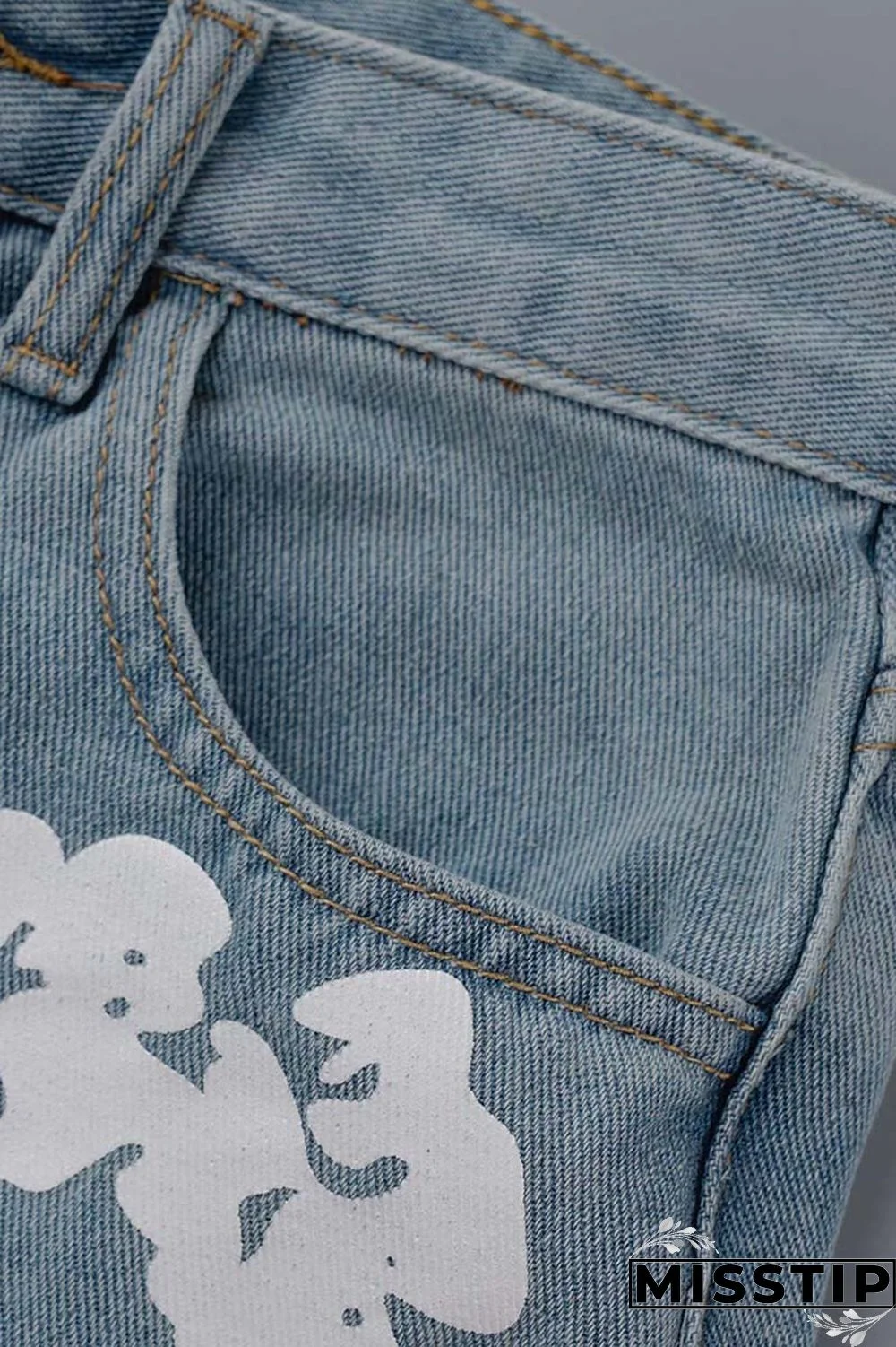 Blue Casual Print Patchwork High Waist Regular Denim Jeans