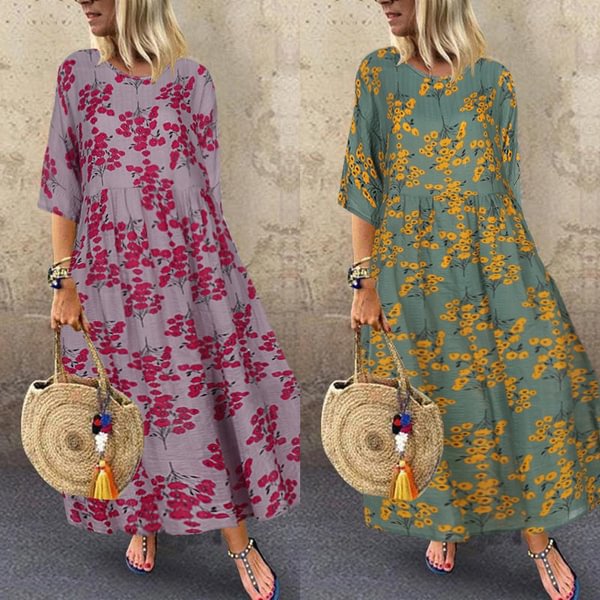 Women 3/4 Sleeve Sundress Kaftan Loose Baggy Long Maxi Floral Dress - Shop Trendy Women's Clothing | LoverChic