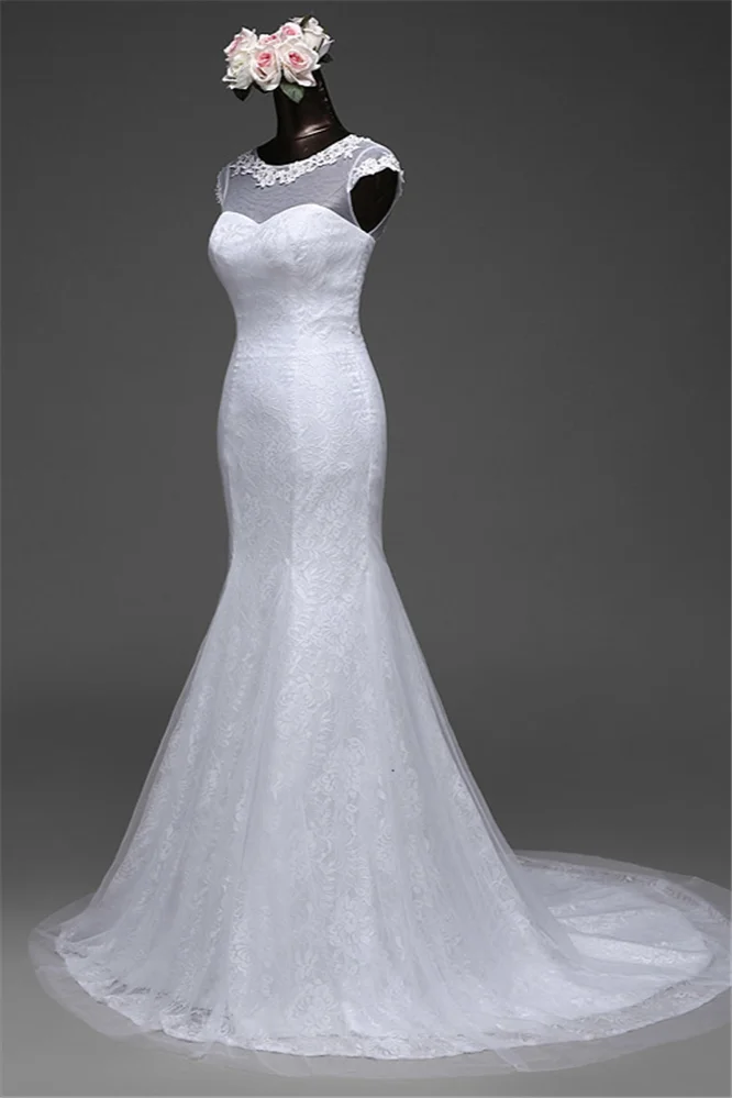 Glamorous Jewel Tulle Long Mermaid Wedding Dress With Appliques Lace main image 0