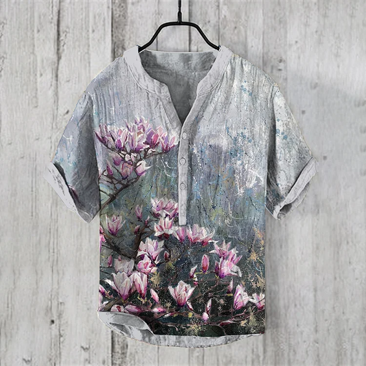 Oil Painting Art Magnolia Floral Print Casual Linen Shirt