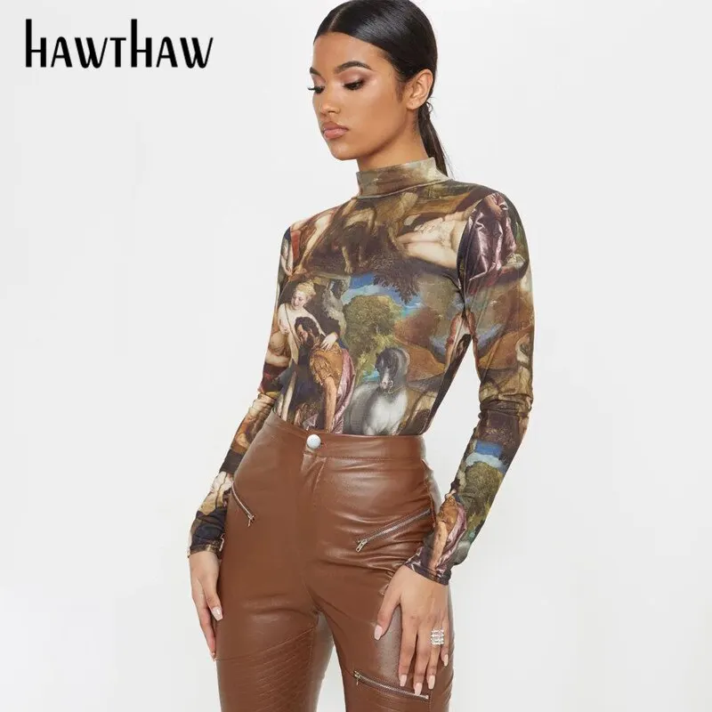 Hawthaw Women Autumn Fashion Long Sleeve Painting Printed Skinny Slim O Neck Bodysuit Romper Playsuit 2020 Fall Clothes