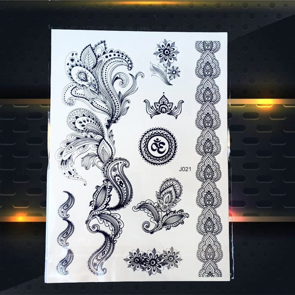 25 Style Hot Waterproof Black Henna Tattoo Fake Mandala Flower Arm Hand Tatoo Owl Decals Women Body Art Temporary Tattoo Sticker