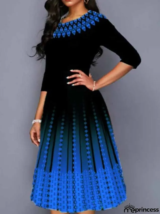 Work Dress Swing Dress Church Dress Midi Dress Red Royal Blue Blue 3/4 Length Sleeve Print Print Summer Spring Crew Neck Elegant S M L XL XXL 3XL 4XL 5XL for Women