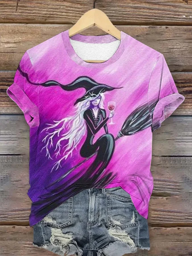 Women's Funny Halloween Witch Drinking Red Wine Print Tee
