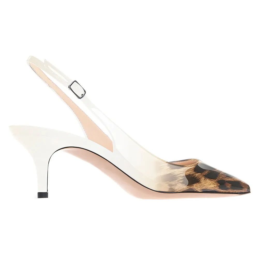 Women's Pointed Toe Slingback Shoes Kitten Heel Pumps Comfortable Dress Gradient White Leopard Shoes-vocosishoes