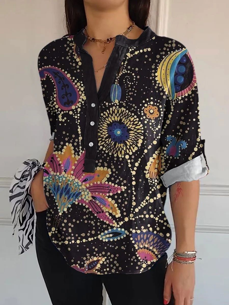 Women's Retro Floral Colorful Print Casual Long Sleeve Comfortable Cotton Shirt