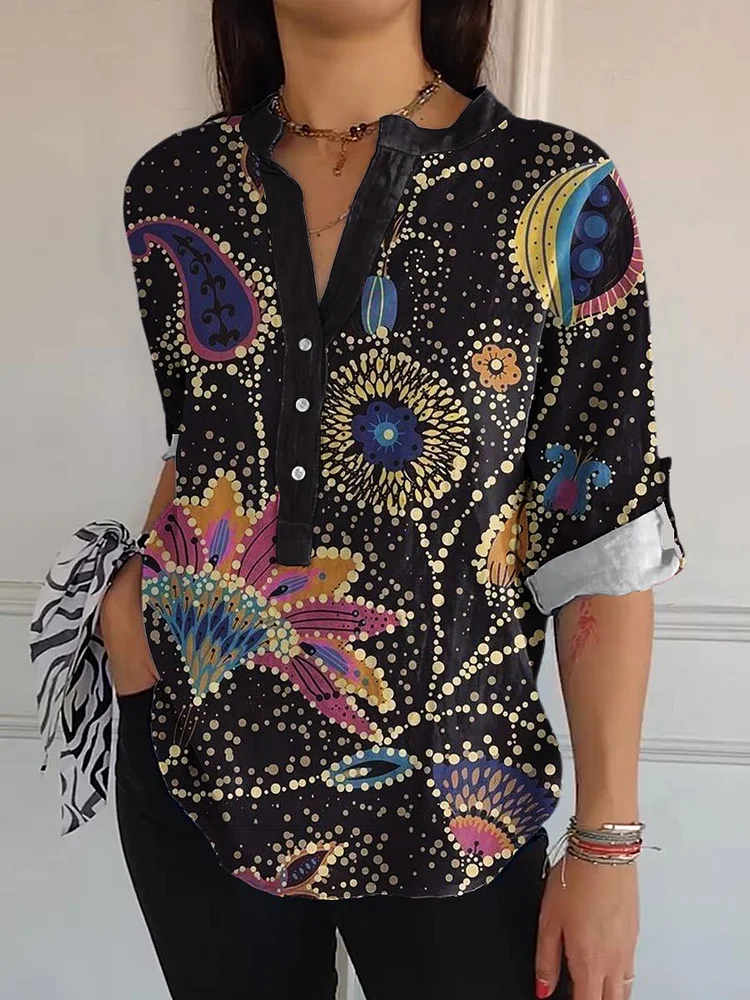 Women's Retro Floral Colorful Print Casual Long Sleeve Comfortable Cotton Shirt