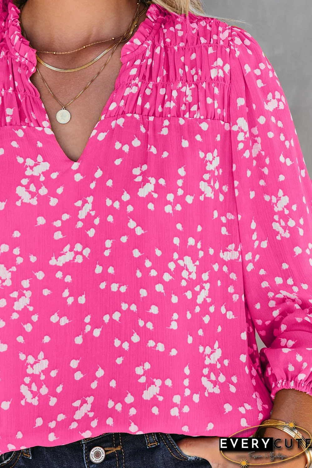 Pink Split Neck Fall Printed Crinkled Blouse