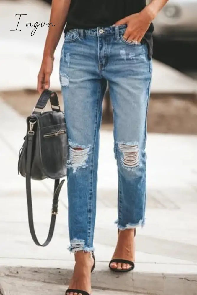 Ingvn - Ripped Slim Fit Washed Jeans Blue / S Bottoms