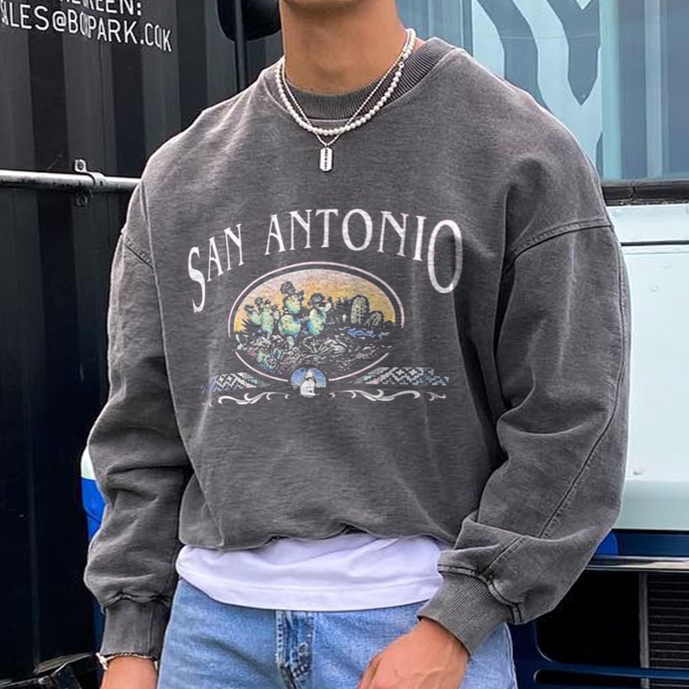 San Antonio Print Vintage Versatile Sweatshirt、、URBENIE