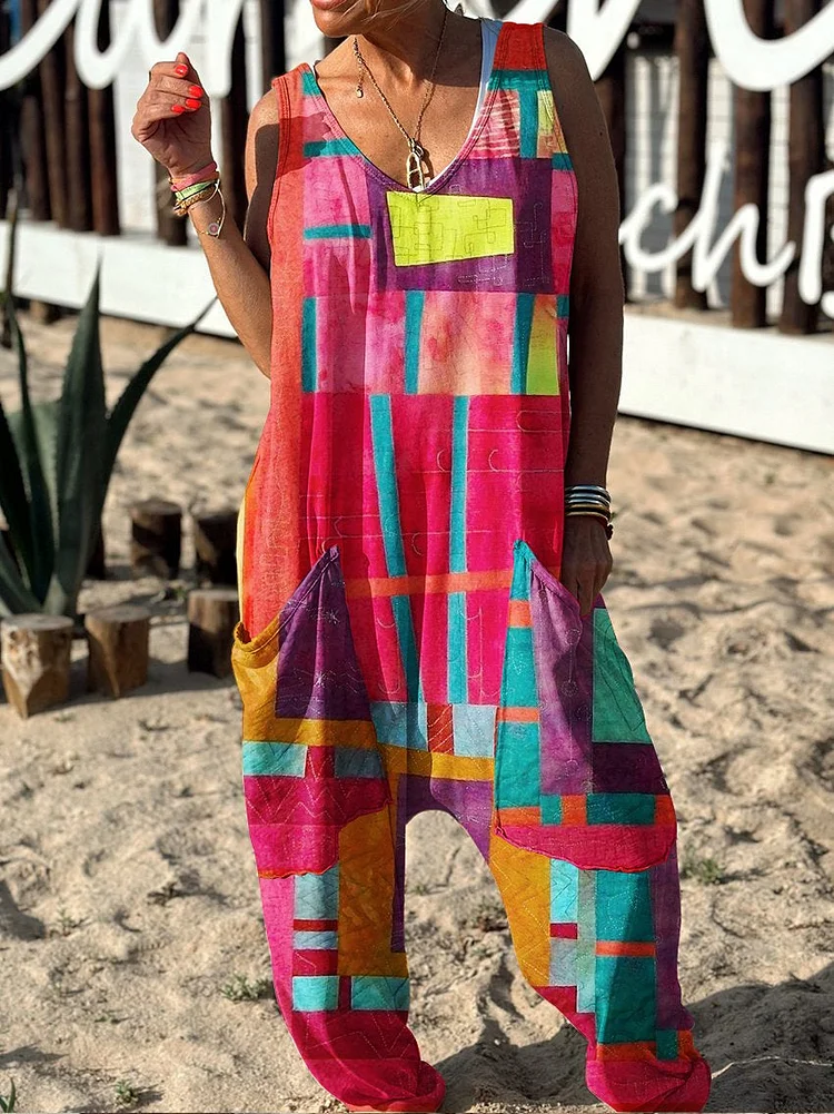 Abstract Pattern Hippie Art Print Casual 100% Cotton Wide Leg Jumpsuit