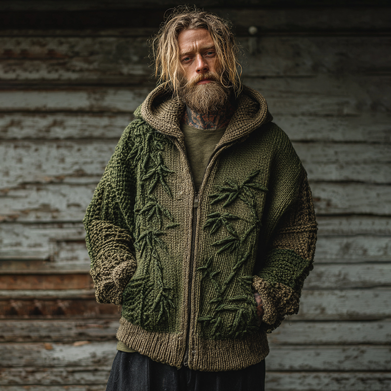 Men's Vintage Bamboo Embroidery Art Knit Zip Up Hooded Sweater  artssus