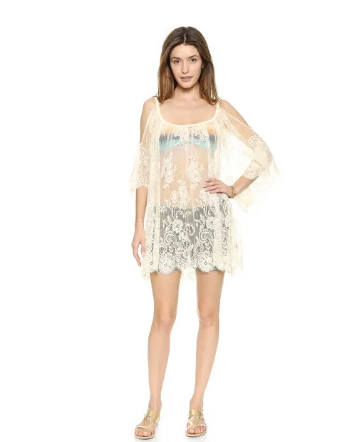 Brownm Brownm Women's Solid Color Lace Hook Sunscreen Off Shoulder Sexy Beach Dress Bikini Smock