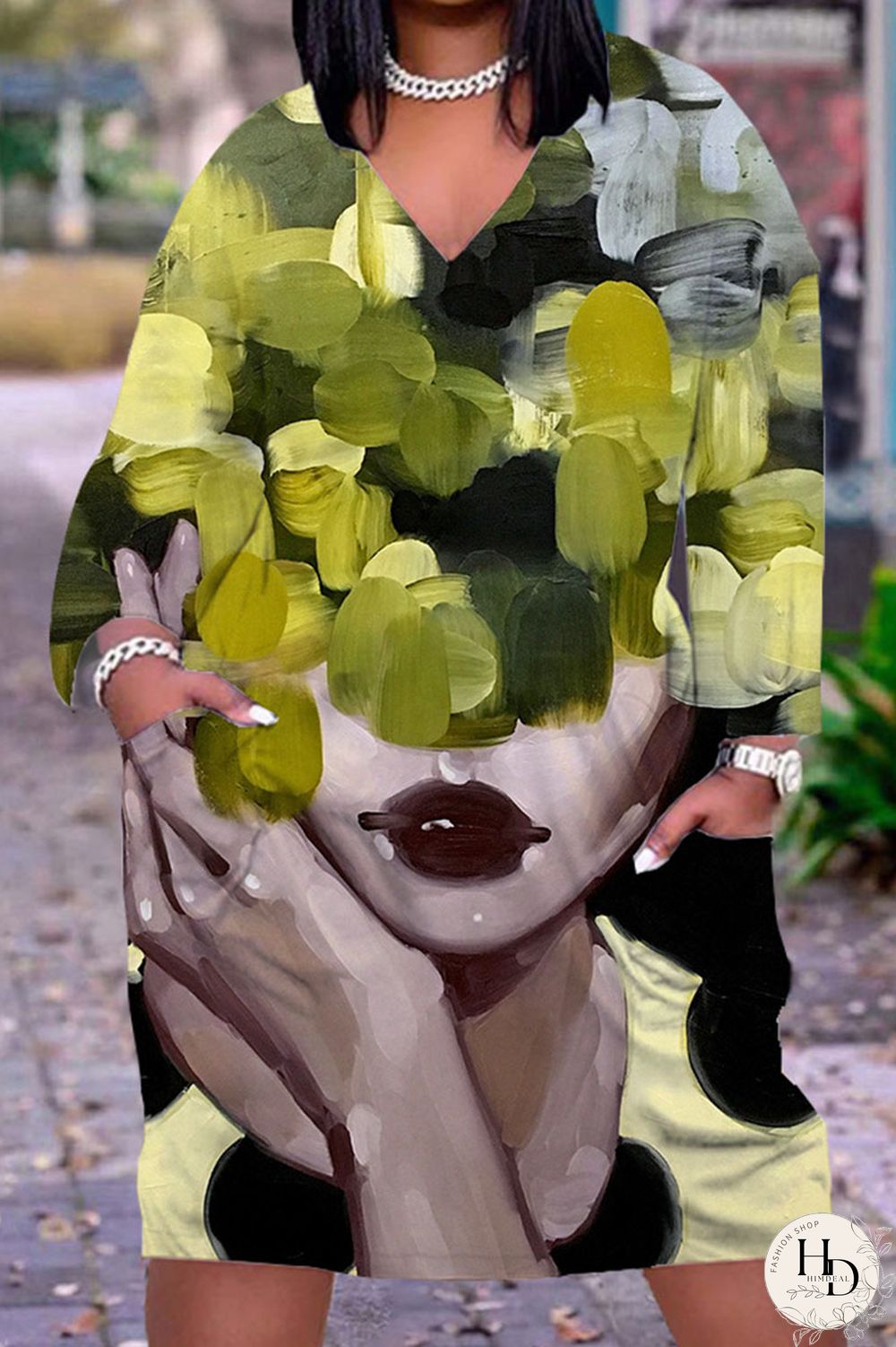 Yellow Brown Casual Print Patchwork V Neck Straight Dresses