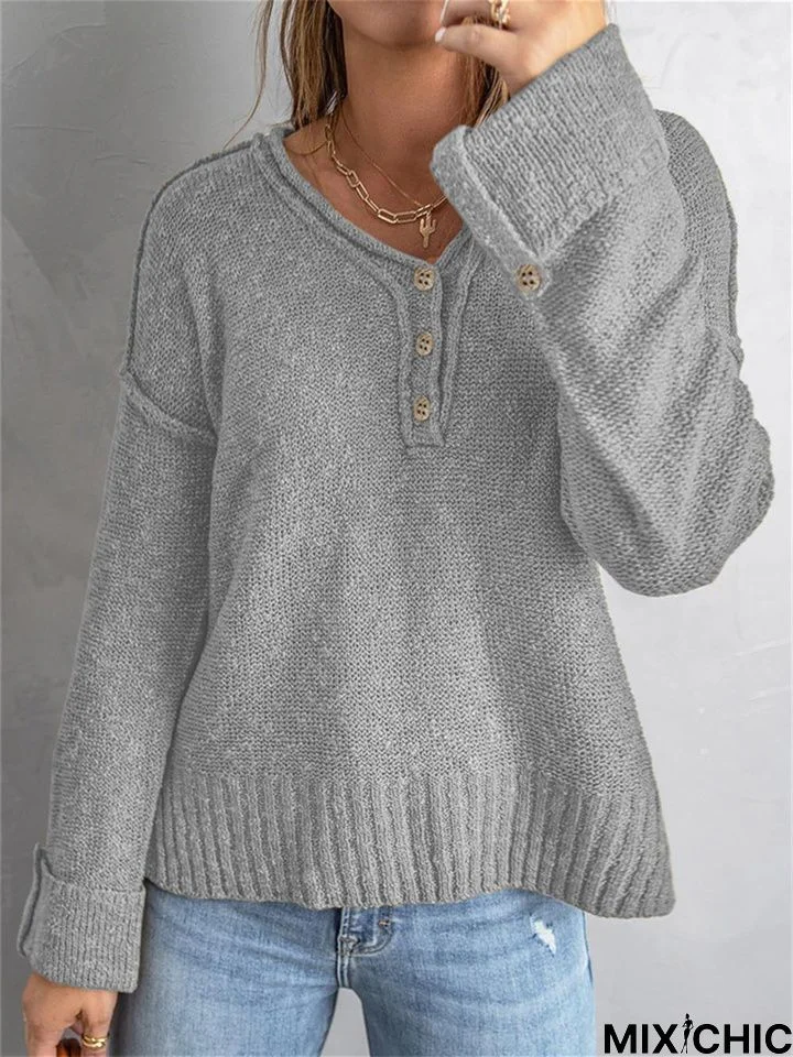 Fashion Solid Color Loose Button Knitted Sweater