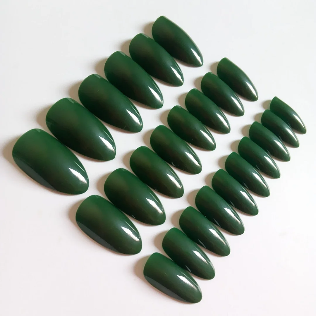 24pcs/set Wholesale Shiny Dark Green Fake Nail Full Cover False Nails Tip DIY Stiletto Nail Salon Products-Nail Inspo