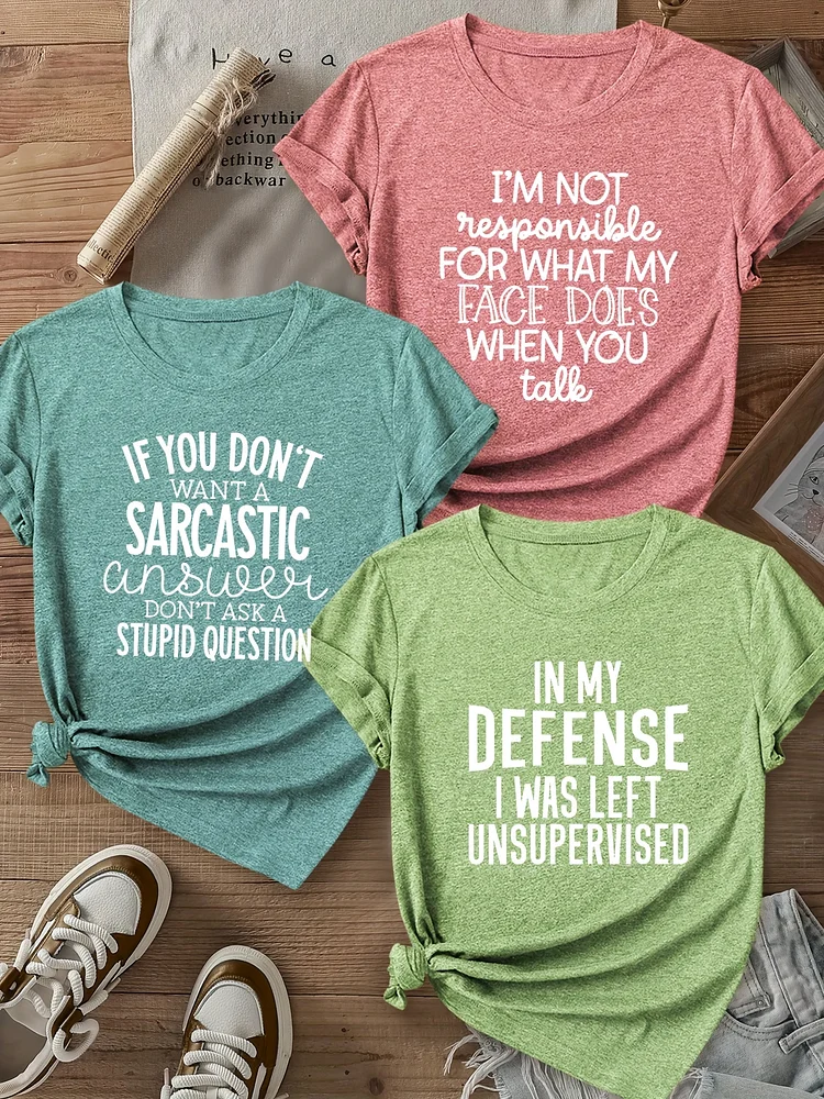 3pcs Women's Vintage-Inspired Striped T-Shirts - Soft, Stretchy Crew Neck Short Sleeve Tops With Humorous Quote & Funny Phrases, Perfect For Spring, Summer & Fall
