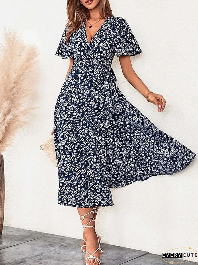 Casual Dress Wrap Line Floral Ditsy Lace Split Neck Midi Fashion Streetwear Outdoor Daily