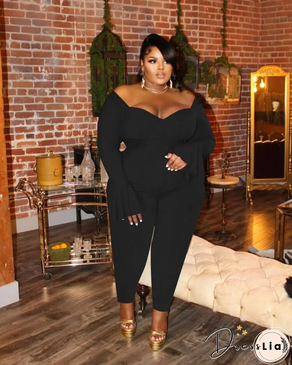 Off Shoulder Long Flared Sleeve Plus Size Jumpsuits