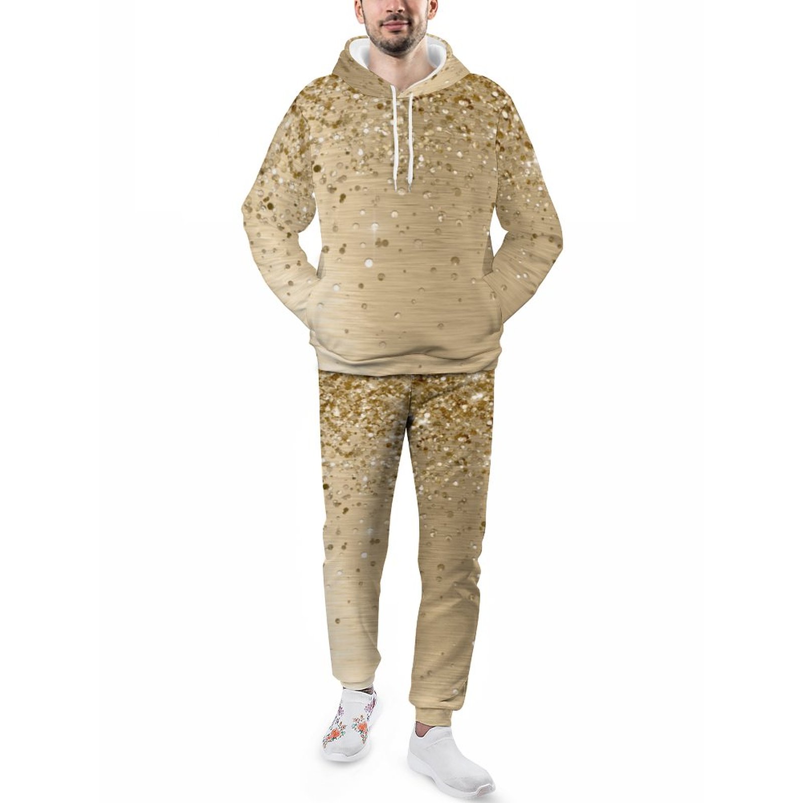 Gold Brushed Metal Glitter Men's Tracksuit 2 Piece Hoodie Sweatsuit Sets Guys Loose Fall And Winter Jogging Athletic Suits