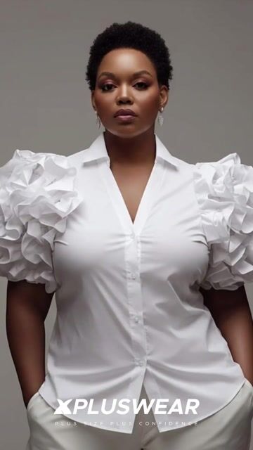 Xpluswear Design Plus Size Business Casual Casual White Shirt Collar Puff Sleeve Short Sleeve Ruffle Button Blouses 2024 - Xpluswear